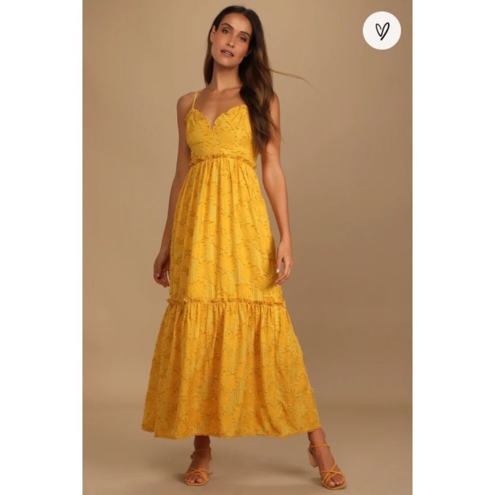 Lulus Charm and Charisma Mustard Yellow Burnout Floral Midi Dress!